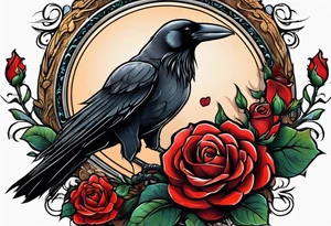 Crow standing holding a red rose tattoo idea