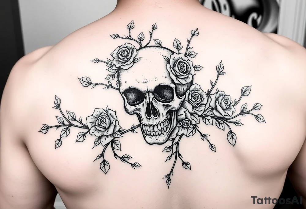 gothic skull intertwined with climbing roses and thorny vines tattoo idea