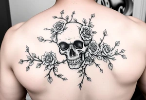gothic skull intertwined with climbing roses and thorny vines tattoo idea
