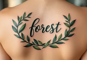 Elegant script in deep forest green, framed by a wreath of olive branches. tattoo idea