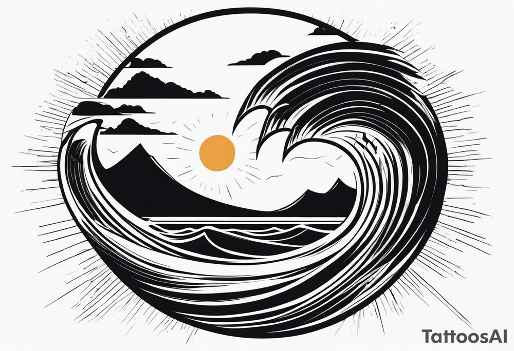 Hawaian beach with a big sun and many waves, only black and white tattoo idea