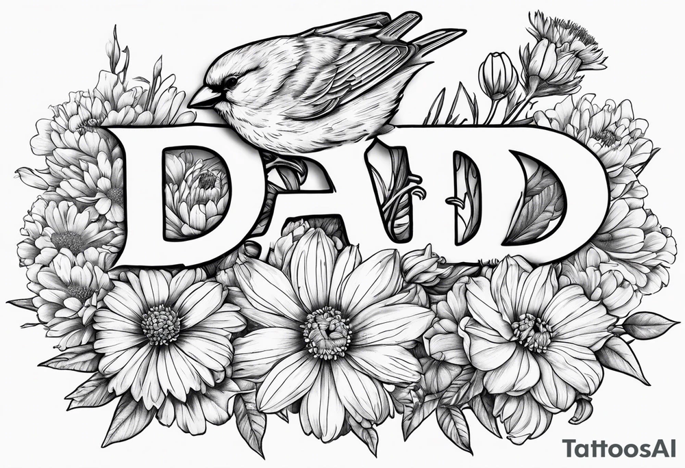 Aster flowers and sea rocket flowers with a cardinal around the words Dad tattoo idea
