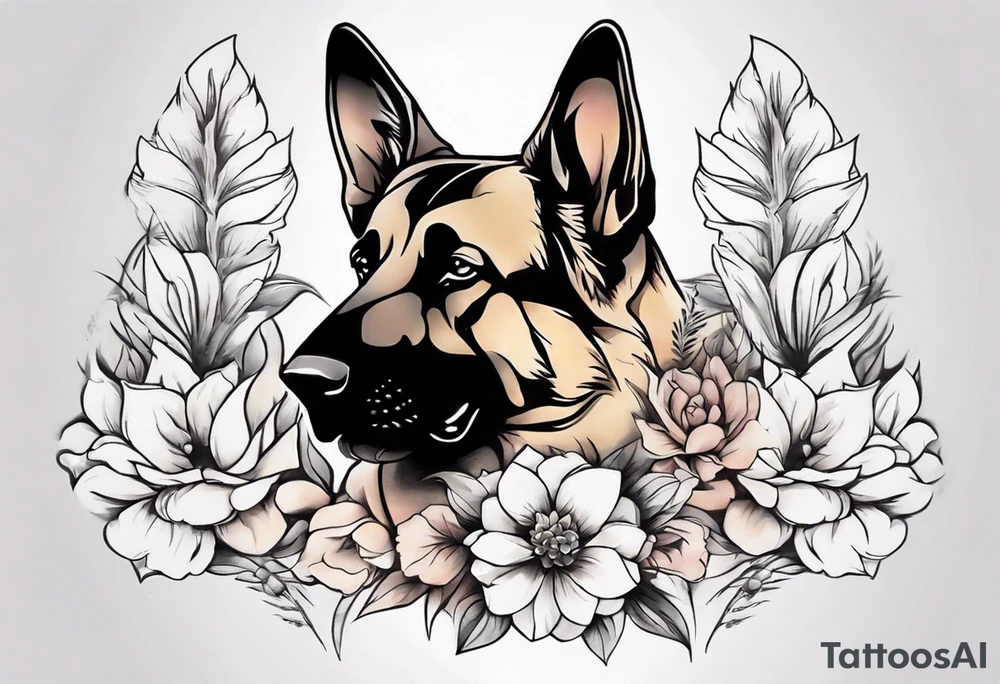 German Shepherd on a flower background tattoo idea