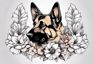 German Shepherd on a flower background tattoo idea
