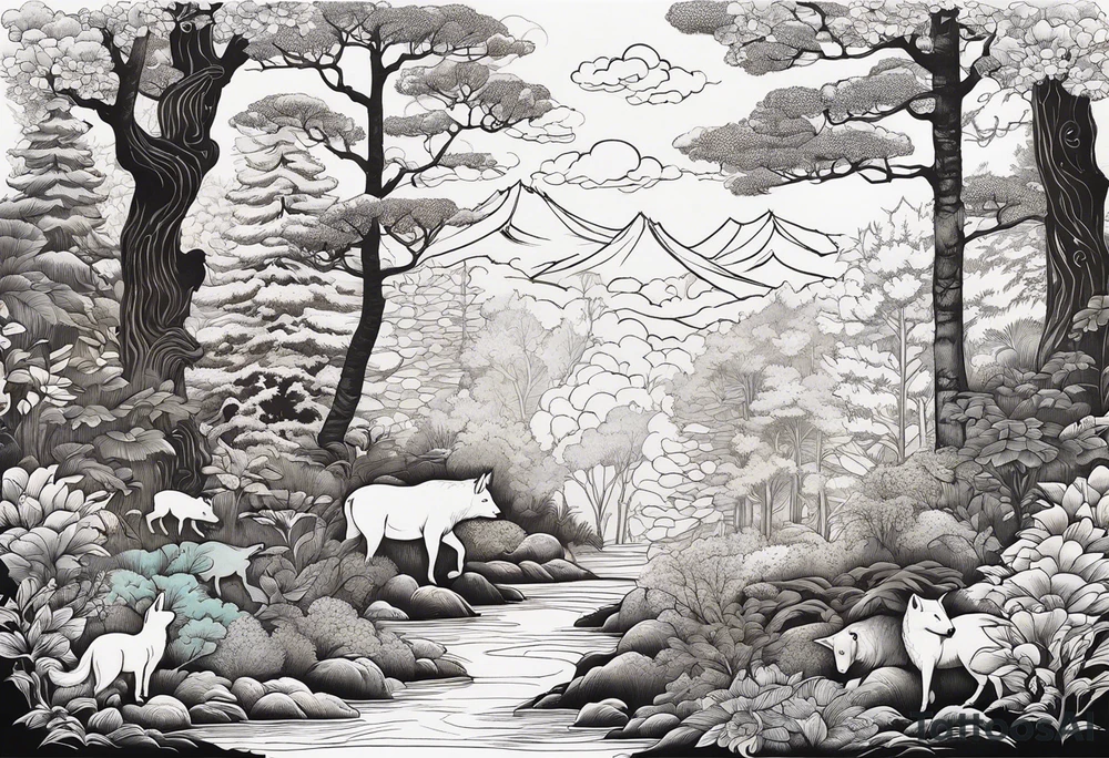 Forest with a lot of trees and animals walking around tattoo idea