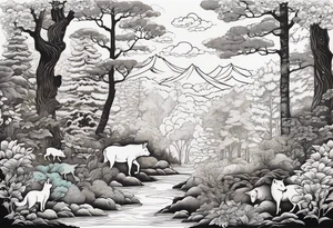 Forest with a lot of trees and animals walking around tattoo idea