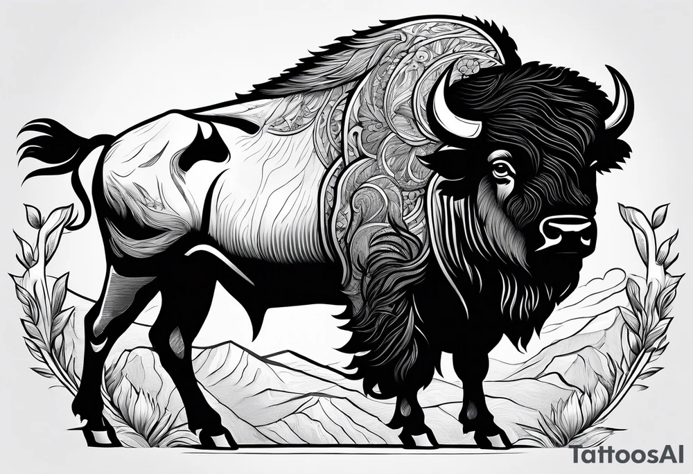 fine line bison doodle - white background, clean background, no skin tattoo idea