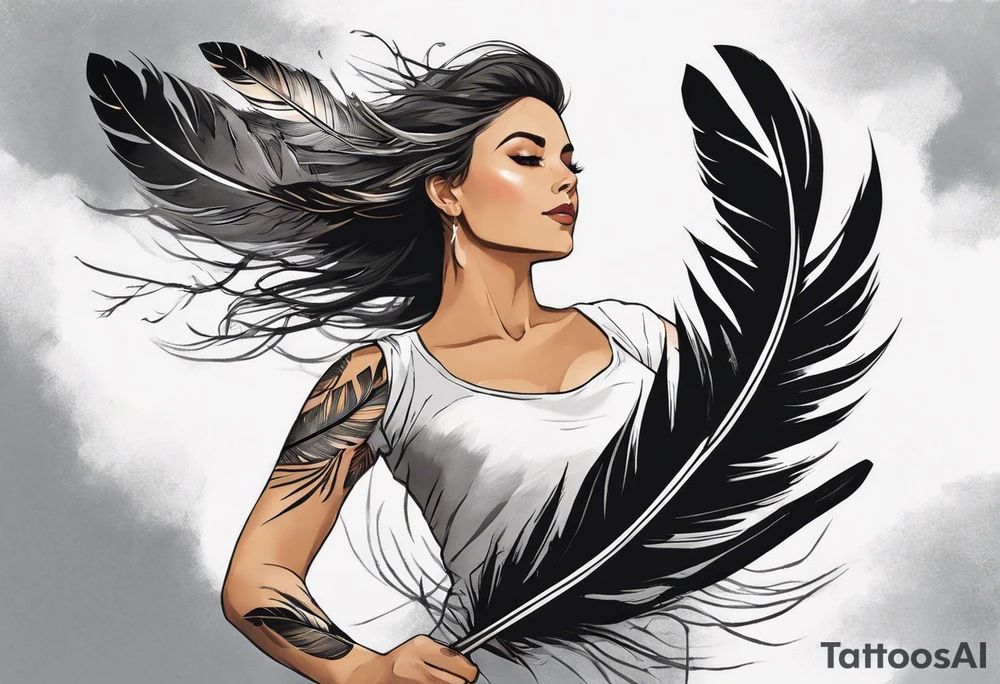 The tattoo begins on the left arm, at the elbow, where feathers are flying under the action of the wind towards the left hand. These feathers share the air space with branches that have leaves, and both elements move together up the left arm. As they approach the shoulder, some lightning appears between them. At this point, the feathers start to converge toward the left chest, where a vortex of energy reveals the head of an owl. The branches converge toward the left side of the back, passing over the shoulder. On the left side of the back, there is a dense, psychedelic element representing the energy of life's creation, with references to the earth, element, and planet. There is also a clay house in this area. tattoo idea