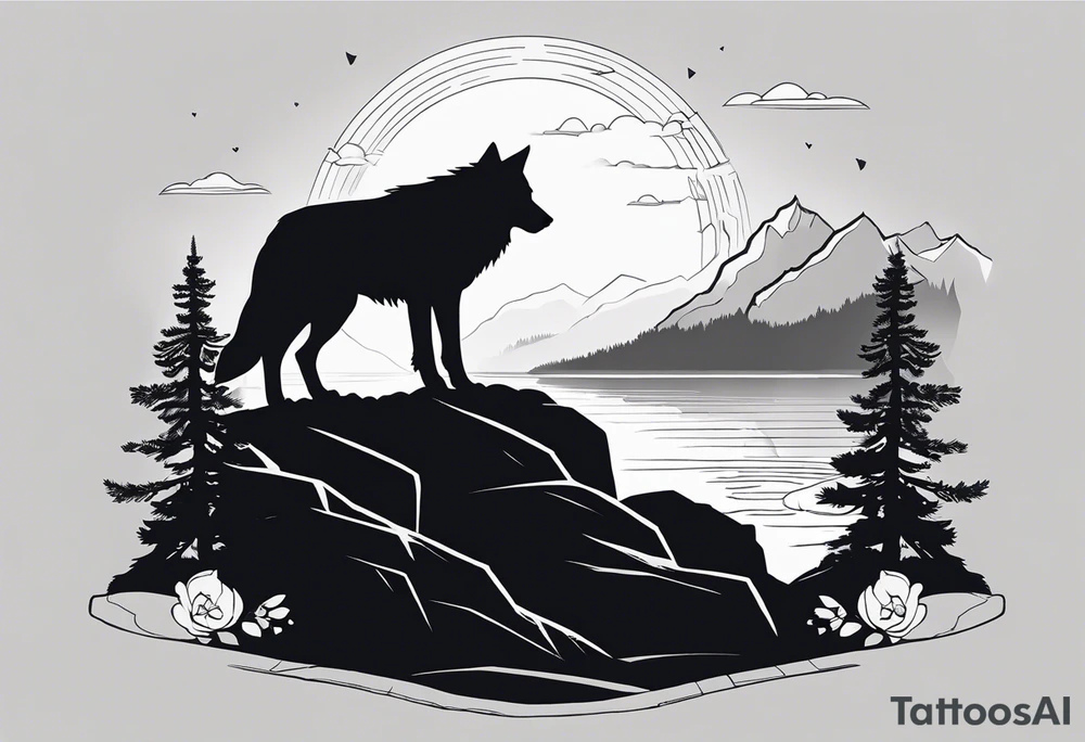 Black and white silhouette illustration of a majestic, bioluminescent wolf and eagle perched on a rocky mountain. The wolf and eagle are outlined in bold black lines, with a subtle glow suggested through radiating shapes around their forms. The surrounding landscape features silhouettes of glowing flowers, trees, and a winding river, all outlined simply. The overall atmosphere captures a sense of magical wonder, with the focus on the stark contrast of the glowing figures against the minimalist background. tattoo idea