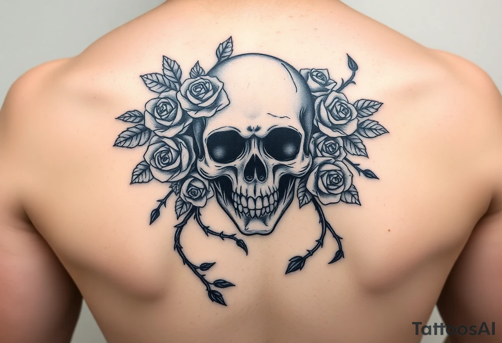 gothic skull intertwined with climbing roses and thorny vines tattoo idea