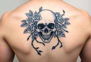 gothic skull intertwined with climbing roses and thorny vines tattoo idea