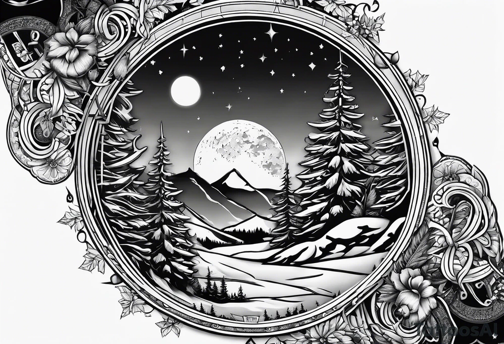 snowshoes and a moon above tattoo idea