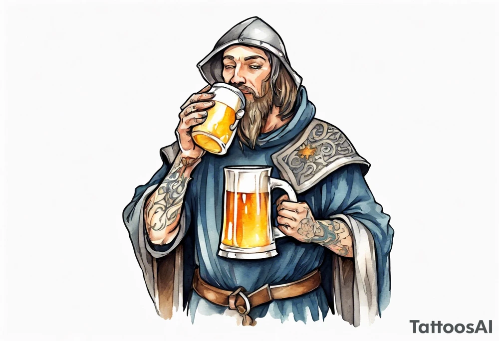 a medieval adlet wearing a tunic and drinking from a pewter mug of beer tattoo idea