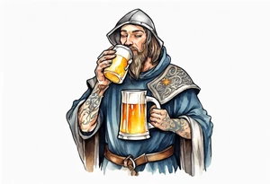 a medieval adlet wearing a tunic and drinking from a pewter mug of beer tattoo idea
