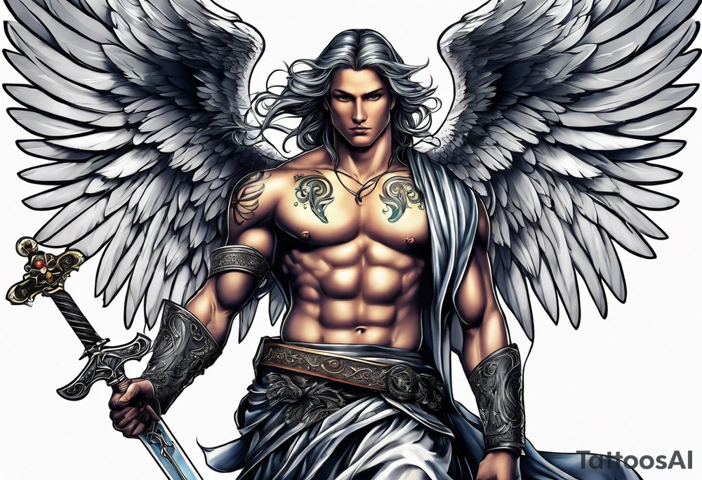 Angel with sword drawn tattoo idea