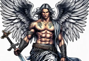 Angel with sword drawn tattoo idea
