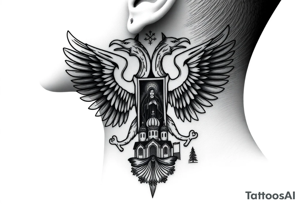 russian coat of arms double headed eagle traditional christian orthodox cross with a virgin mary stood in the entrance of a russian orthodox dome church on the side of the neck in a wilderness setting tattoo idea