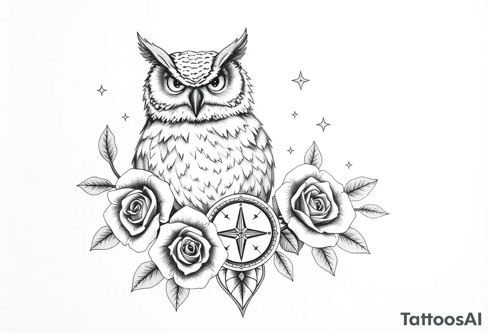 an owl,compass,roses,stars. tattoo idea