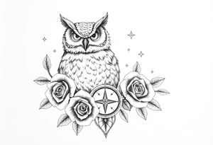 an owl,compass,roses,stars. tattoo idea