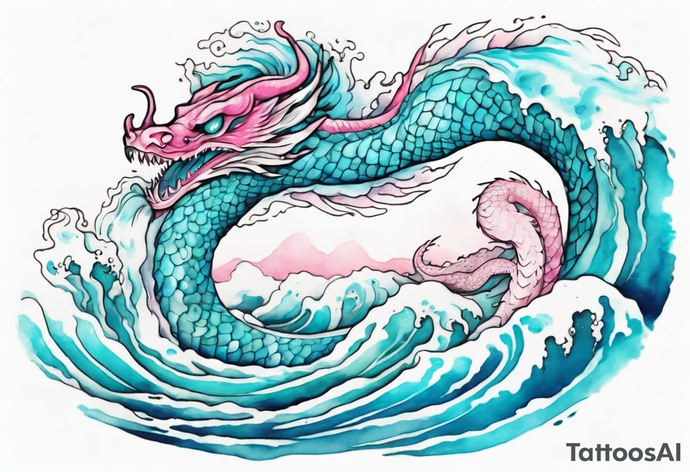 a turquoise and white and pink sea serpent with beautiful eyes rising from the blue waves of the ocean tattoo idea