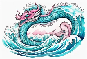 a turquoise and white and pink sea serpent with beautiful eyes rising from the blue waves of the ocean tattoo idea