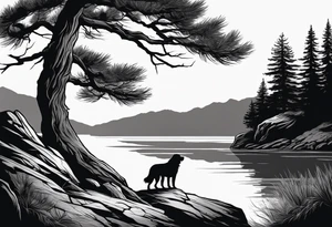 Sleeve tattoo windswept pine tree before lake with low cliff face on another side of lake. Mastiff silhouette in the foreground. with a dock coming out from the shore tattoo idea