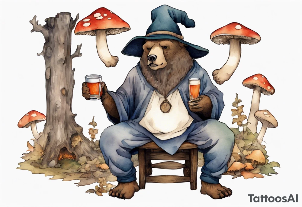 a medieval bear-human hybrid with a long grey beard wearing a tunic and a floppy hat covered in mushrooms, sitting on a stool by the tavern fireplace drinking from a wood cup tattoo idea