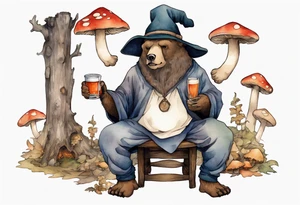 a medieval bear-human hybrid with a long grey beard wearing a tunic and a floppy hat covered in mushrooms, sitting on a stool by the tavern fireplace drinking from a wood cup tattoo idea