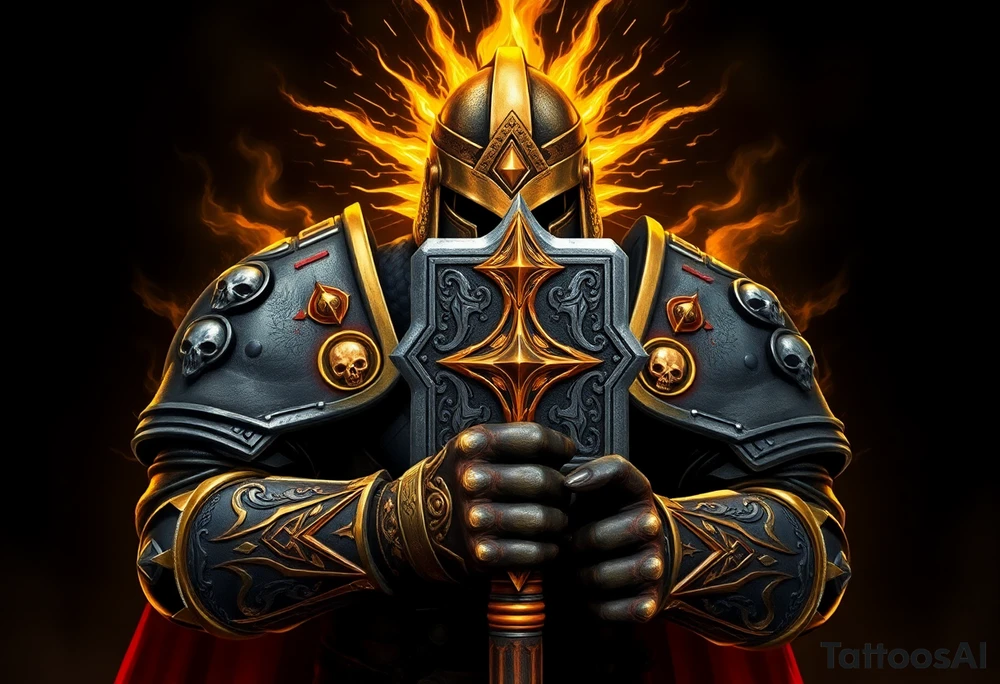 Warhammer, the Old World. A warrior priest of Sigmar holding The Warhammer of Sigmar. The Warhammer of Sigmar is radiating thunderous energy. The Warhammer is held by the warrior priest with both hands upon his chest level. The Warrior priest is wearing dark alloyed heavy armour (reference armor from warhammer vermintide 2 Victor Saltzpyres, the warrior priest of Sigmar class) with skull sigils on his shoulder pads. The warrior priest is wearing a helmet, while the helmets front visor has an humanoid face covering. The helmet and armour are gladened with hints of gold and crimson red. The Warhammer is silverish and golden with a long handle tattoo idea