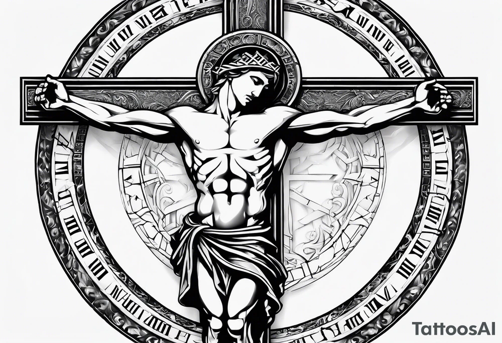 Crucified man inside a circle of Roman numerals tattoo idea