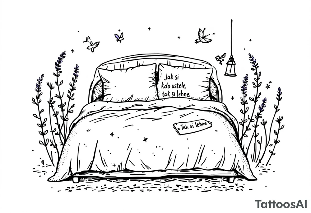 "Jak si kdo ustele, tak si lehne." — A cozy bed drawn in fine black linework, surrounded by delicate lavender accents and the quote on a pillow tag. tattoo idea