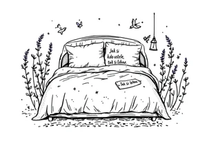 "Jak si kdo ustele, tak si lehne." — A cozy bed drawn in fine black linework, surrounded by delicate lavender accents and the quote on a pillow tag. tattoo idea