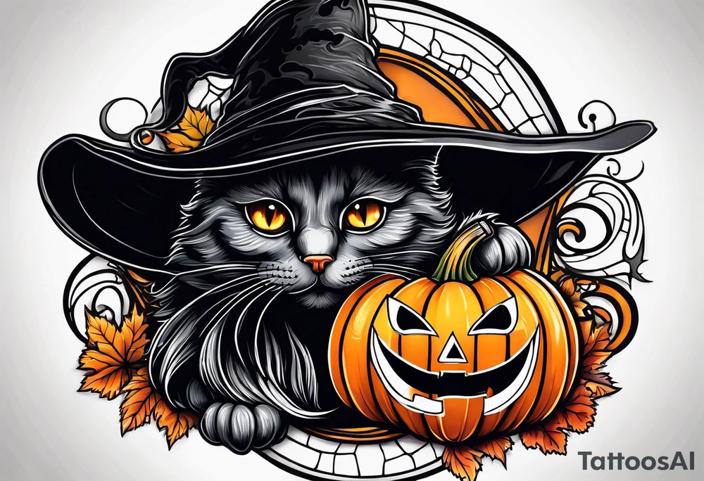 Halloween
Black cat
Witch hat
Pumpkin tattoo idea