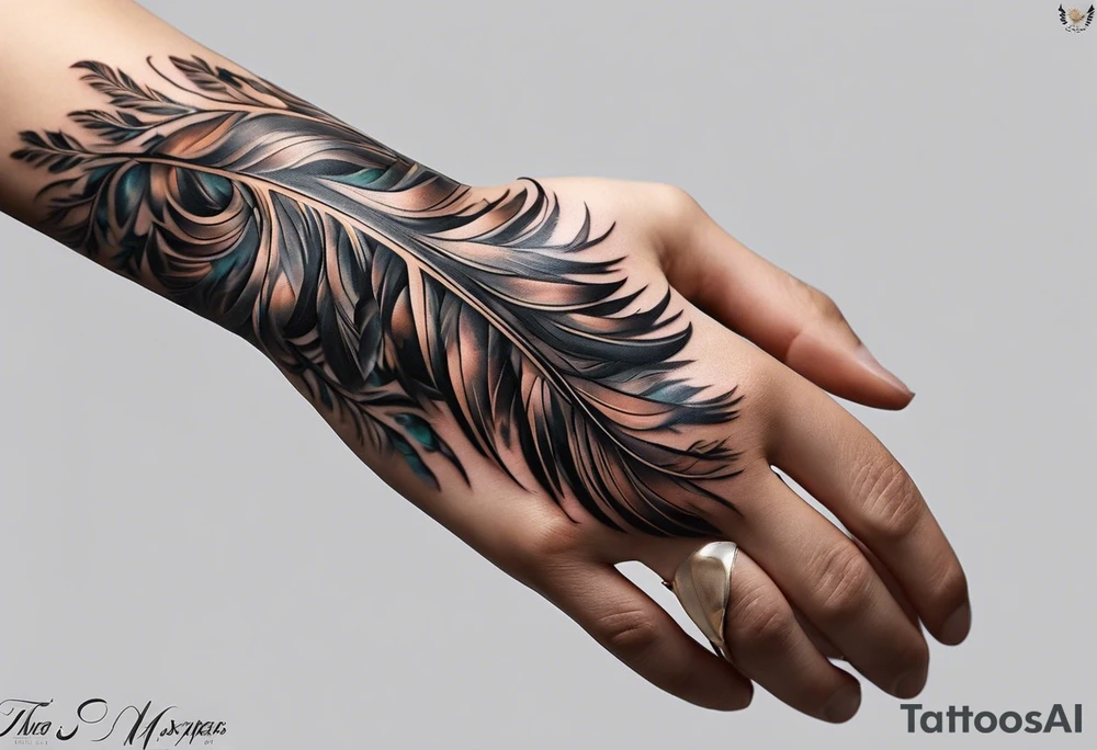 The tattoo begins on the left arm, at the elbow, where feathers are flying under the action of the wind towards the left hand. These feathers share the air space with branches that have leaves, and both elements move together up the left arm. As they approach the shoulder, some lightning appears between them. At this point, the feathers start to converge toward the left chest, where a vortex of energy reveals the head of an owl. The branches converge toward the left side of the back, passing over the shoulder. On the left side of the back, there is a dense, psychedelic element representing the energy of life's creation, with references to the earth, element, and planet. There is also a clay house in this area. tattoo idea