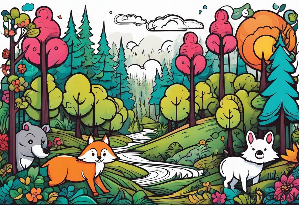 Forest with a lot of trees and animals walking tattoo idea
