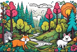Forest with a lot of trees and animals walking tattoo idea