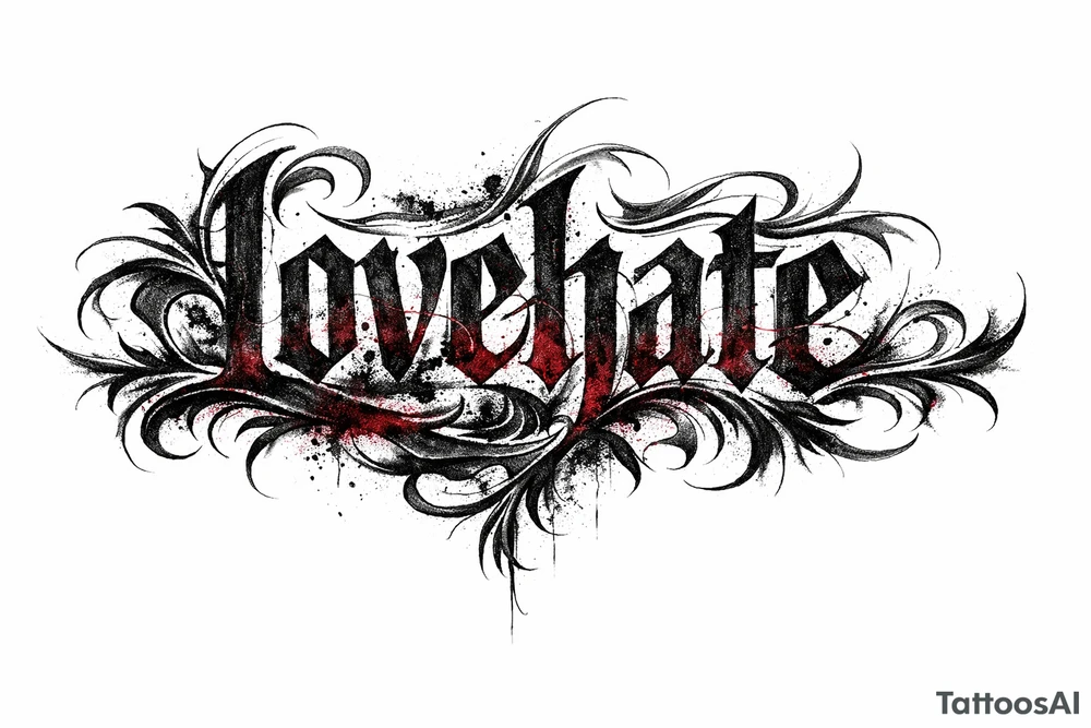 A single word 'lovehate' rendered in a distressed, textured font with hints of crimson and charcoal. tattoo idea
