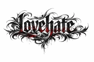 A single word 'lovehate' rendered in a distressed, textured font with hints of crimson and charcoal. tattoo idea