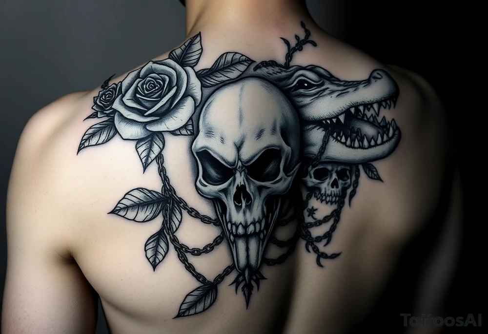 gothic fairy tale vibe we talked about: dark, thorny roses, skulls peeking through shadows, a bit of wild creature energy. Not perfect matches, but imagine tweaking 'em—rose from the eye, gator coiled like a guardian. This one's got that moody frame, vines creeping in—easy to swap in your Tudor rose and skull. Full-back chaos with skulls and chains... add the alligator jaws clamping down, and boom. tattoo idea