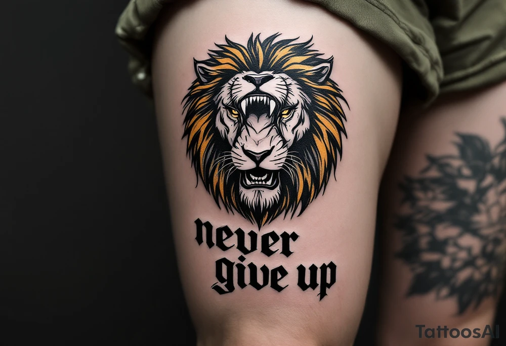 A black and gold lion's face roaring above the words "never give up" in bold block letters. tattoo idea