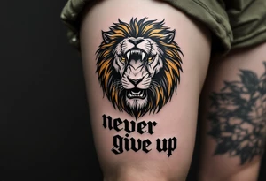 A black and gold lion's face roaring above the words "never give up" in bold block letters. tattoo idea