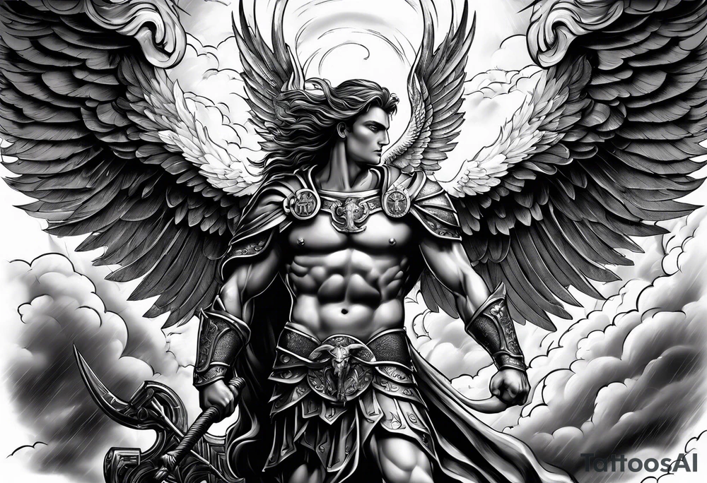 Saint Michael standing on the devil with stormy rain clouds lightning full sleeve tattoo idea Saint Michael standing on the devil with stormy rain clouds lightning full sleeve tattoo idea