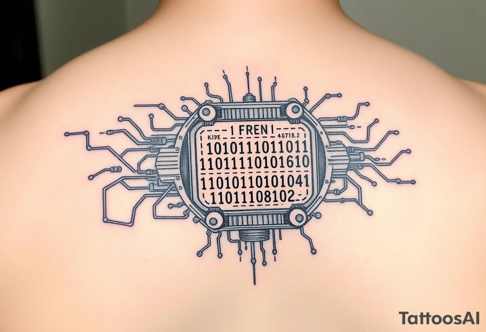 Bio-Mechanical internal computer, binary code, symbolism for 6 kids, 5 boys and youngest is a girl tattoo idea