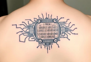 Bio-Mechanical internal computer, binary code, symbolism for 6 kids, 5 boys and youngest is a girl tattoo idea
