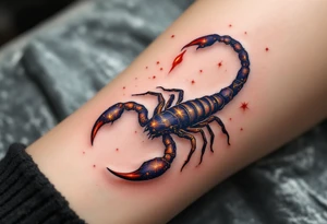 The celestial scorpion creeps across the night in streaks of golden scorpio star constellation lit by Antares’ burning red flame tattoo idea