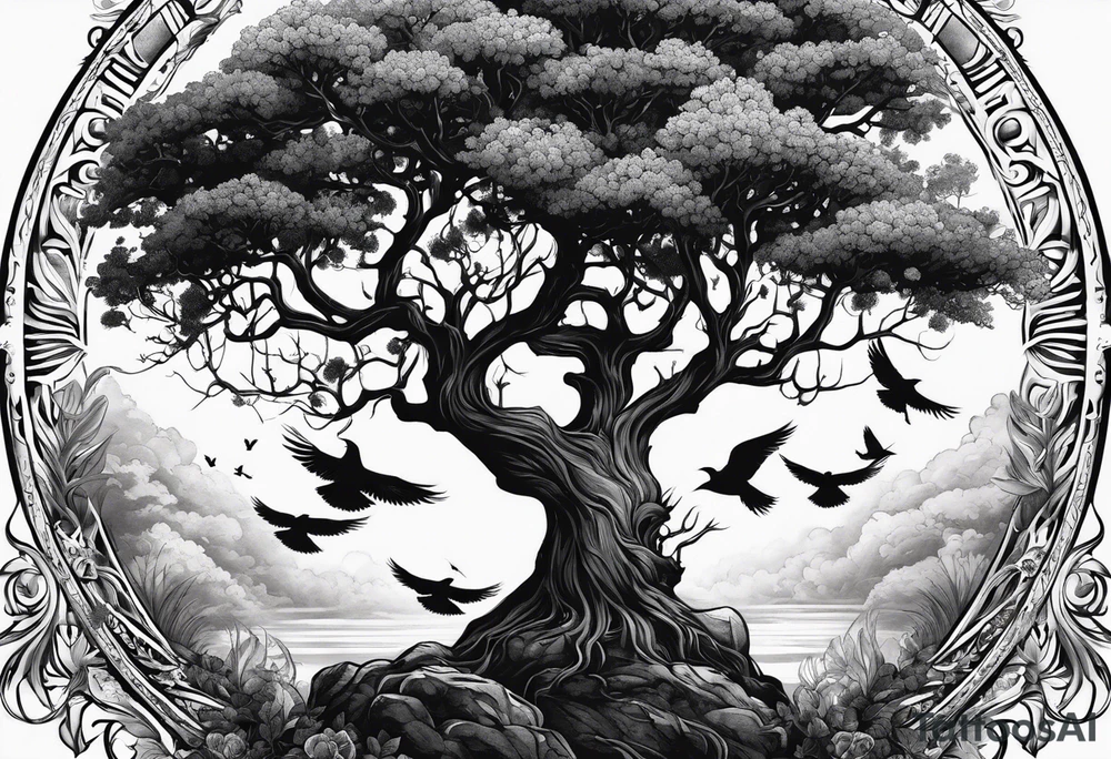 poison tree, strong, tall, birds, planteles tattoo idea