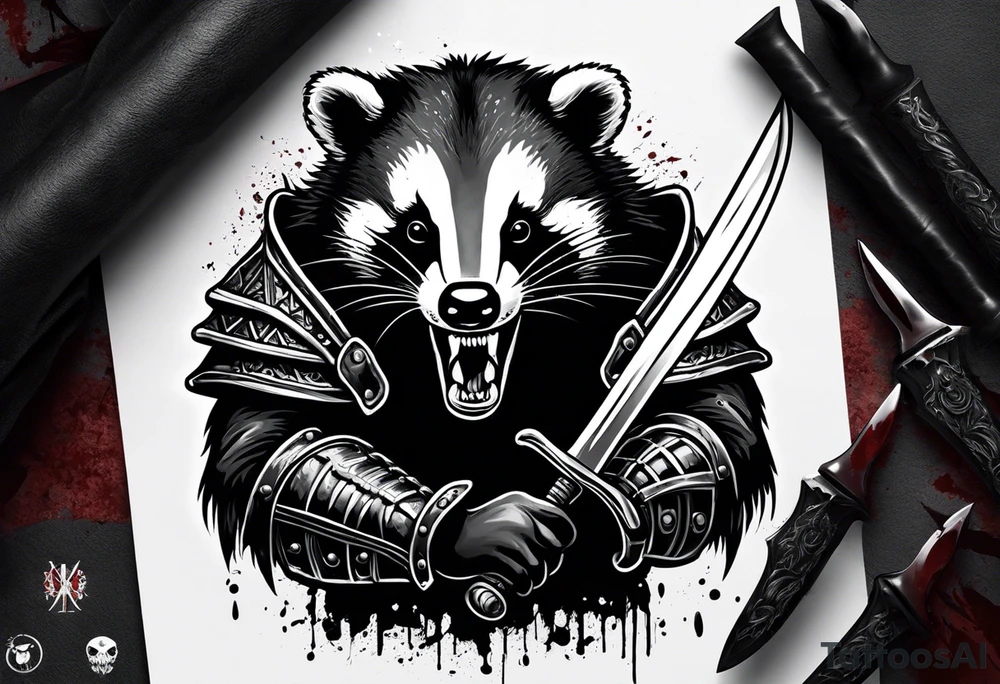 Draw me psychopath badger/Warrior with aggressive full body, killer face with a smile, very long nails and he attacks like a Bloody Gladiator to us and also, he has very deadly looking. He fights with his nails. Everybody scares after their first sight. Give me horror type Badger Tattoo. tattoo idea