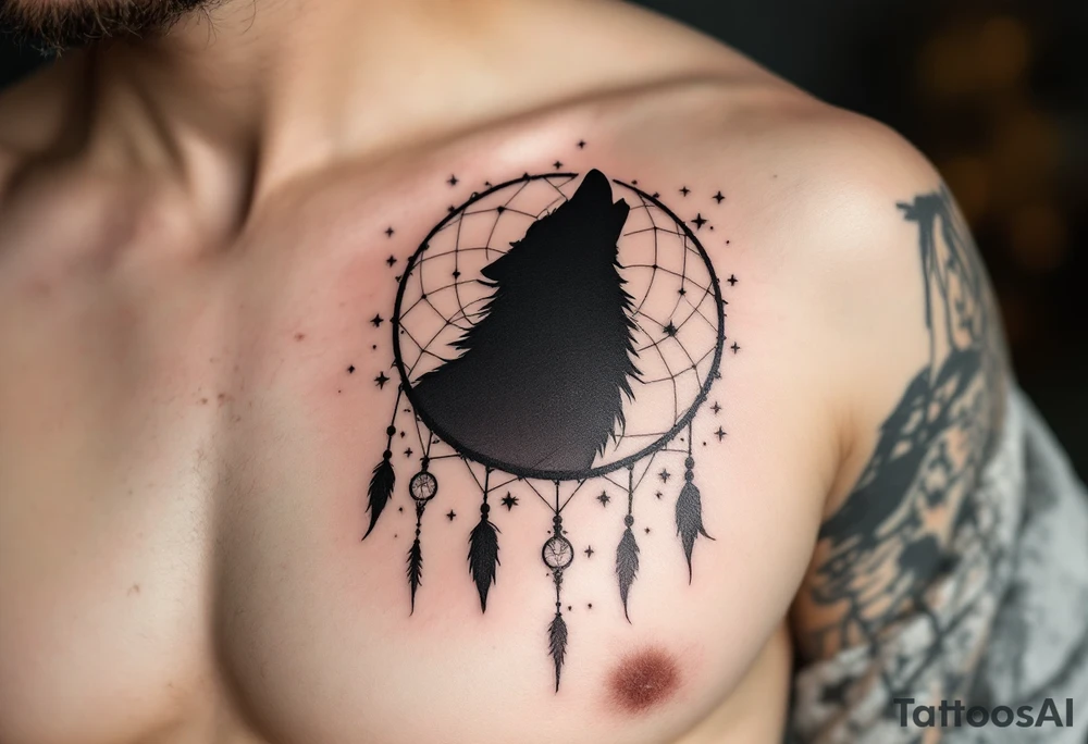 A silhouette of a wolf with its back to the viewer, framed by a dreamcatcher that acts as a border around the design. The web is filled with small, detailed elements like stars and moons. Solid black for the wolf silhouette, soft silver for the moon and stars, and light brown for the dreamcatcher frame. tattoo idea