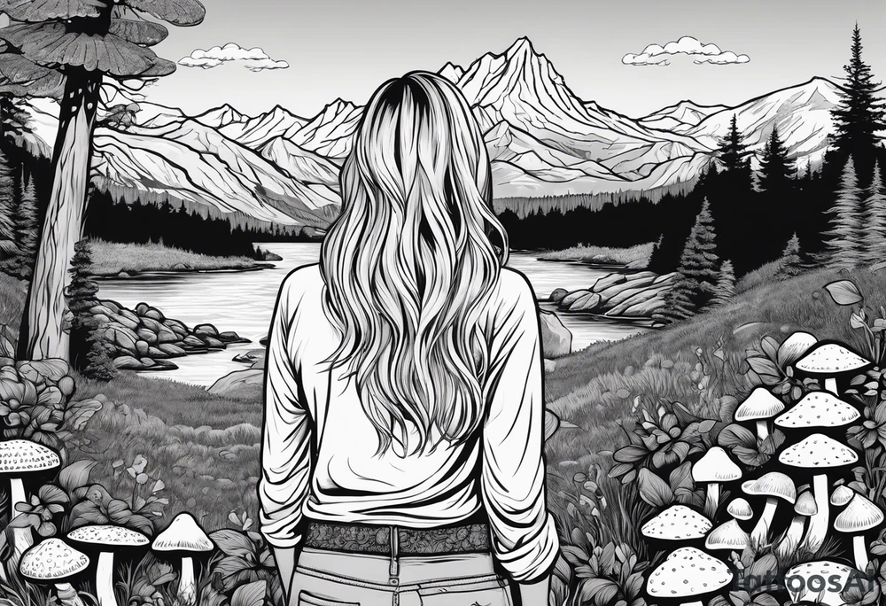 Whole picture encircled fully

Straight long blonde hair hippie girl in distance holding mushrooms in hand facing away toward mountains and creek surrounded by mushrooms long sleeve shirt and hiking pants; whole rendering within a full circle, no cut off circle tattoo idea