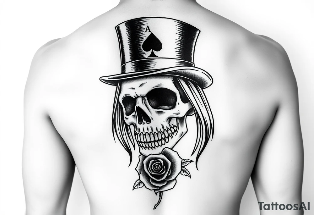 A skull with long straight hair wearing a top hat with an ace of spades in the brim and a rose in its mouth tattoo idea
